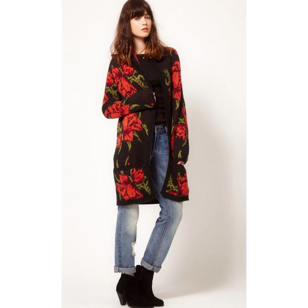 Free People Women Size M Alpaca Wool Flower Power Floral Cardigan Sweater Boho